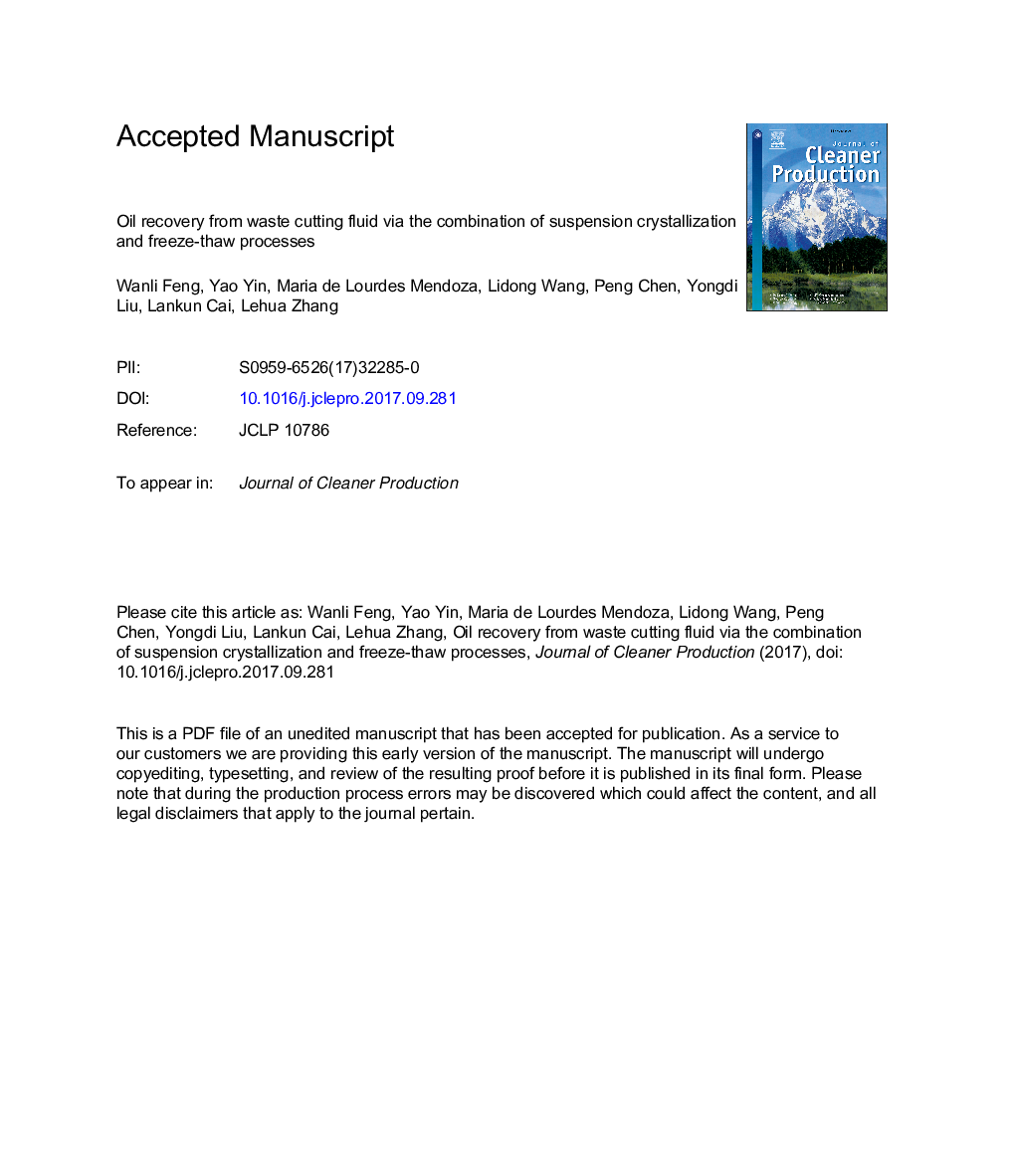 Oil recovery from waste cutting fluid via the combination of suspension crystallization and freeze-thaw processes