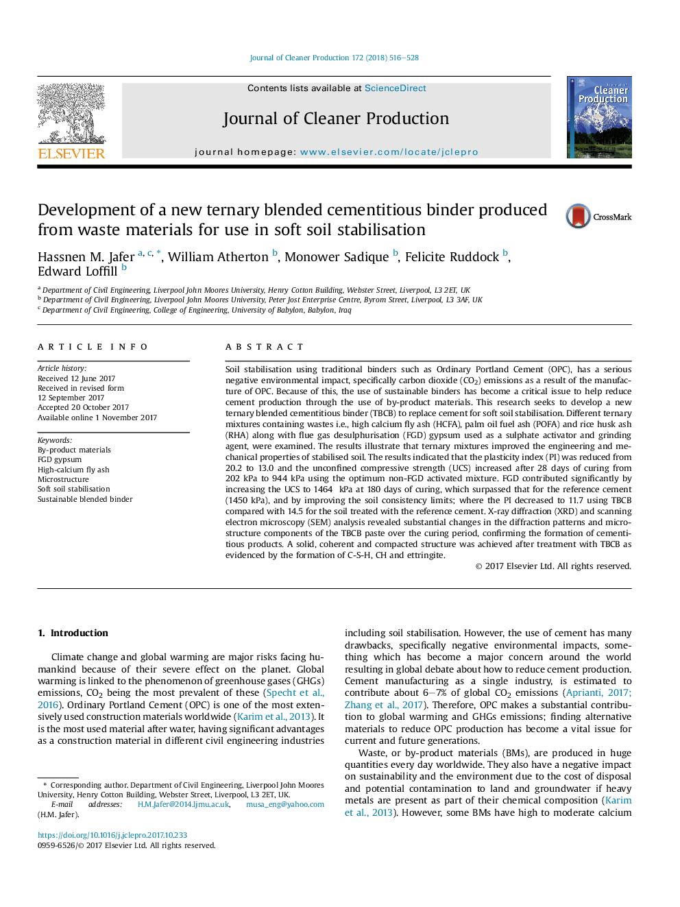 Development of a new ternary blended cementitious binder produced from waste materials for use in soft soil stabilisation