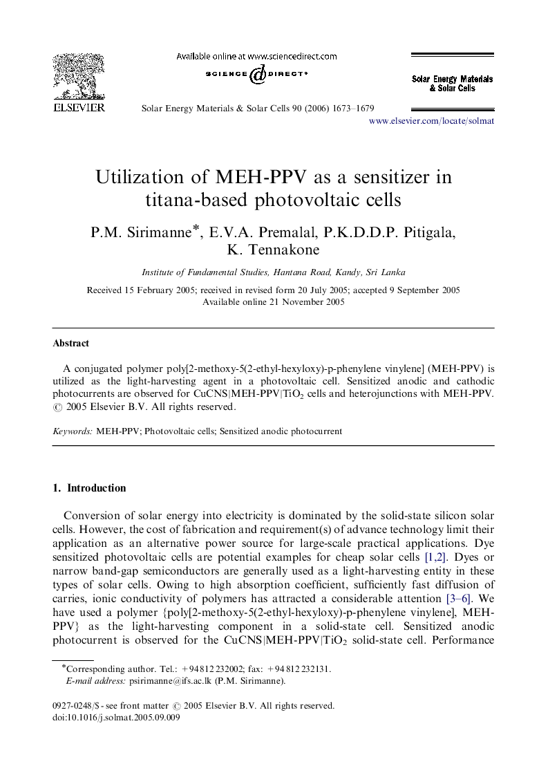 Utilization of MEH-PPV as a sensitizer in titana-based photovoltaic cells