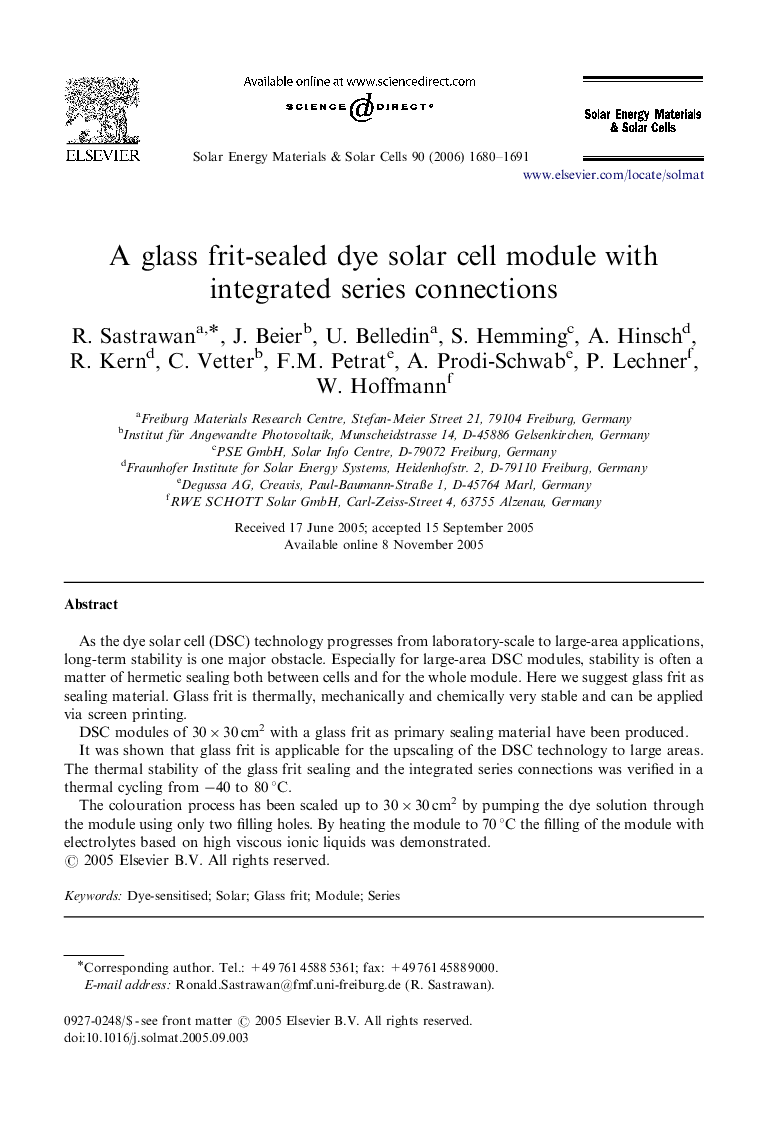 A glass frit-sealed dye solar cell module with integrated series connections