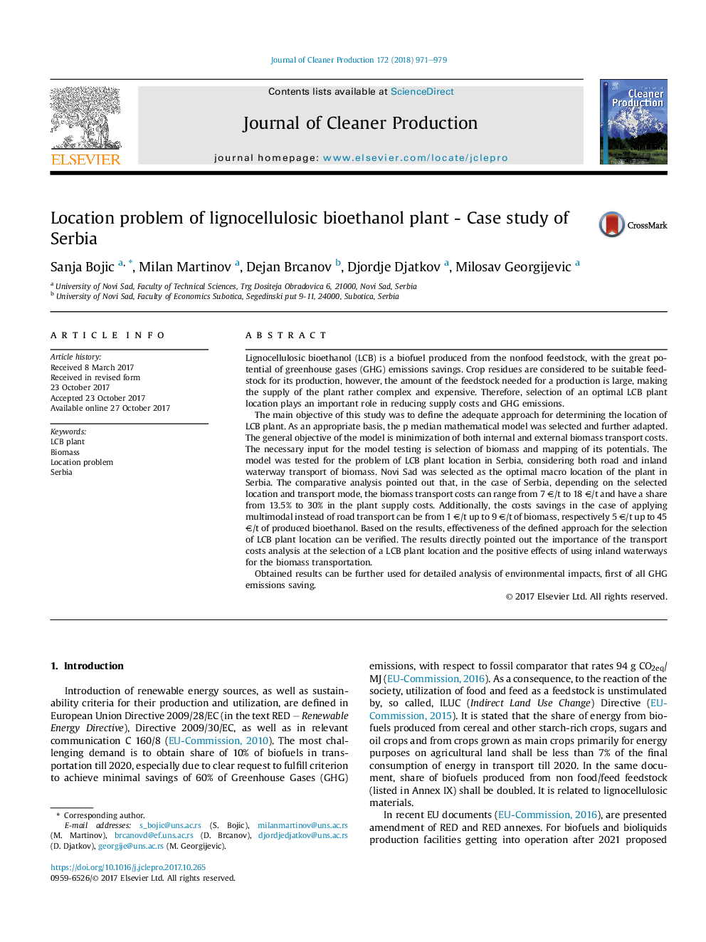 Location problem of lignocellulosic bioethanol plant - Case study of Serbia