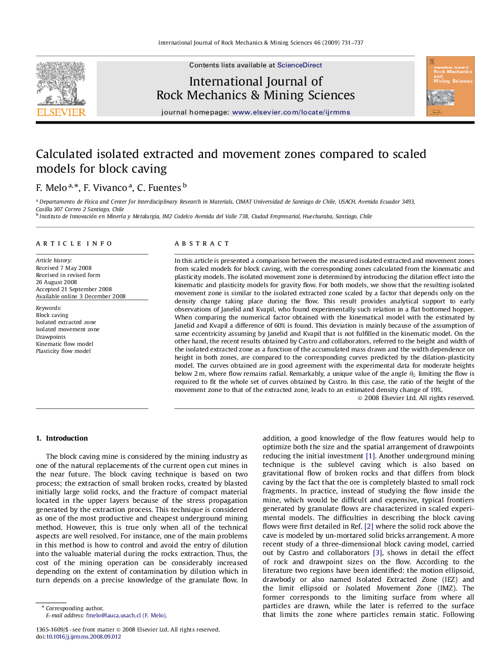 Calculated isolated extracted and movement zones compared to scaled models for block caving