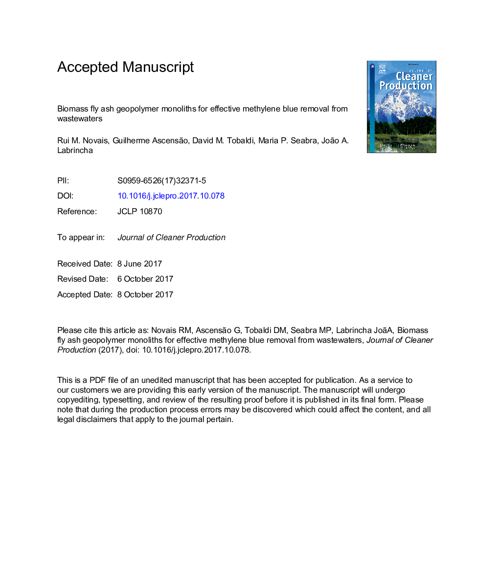 Biomass fly ash geopolymer monoliths for effective methylene blue removal from wastewaters