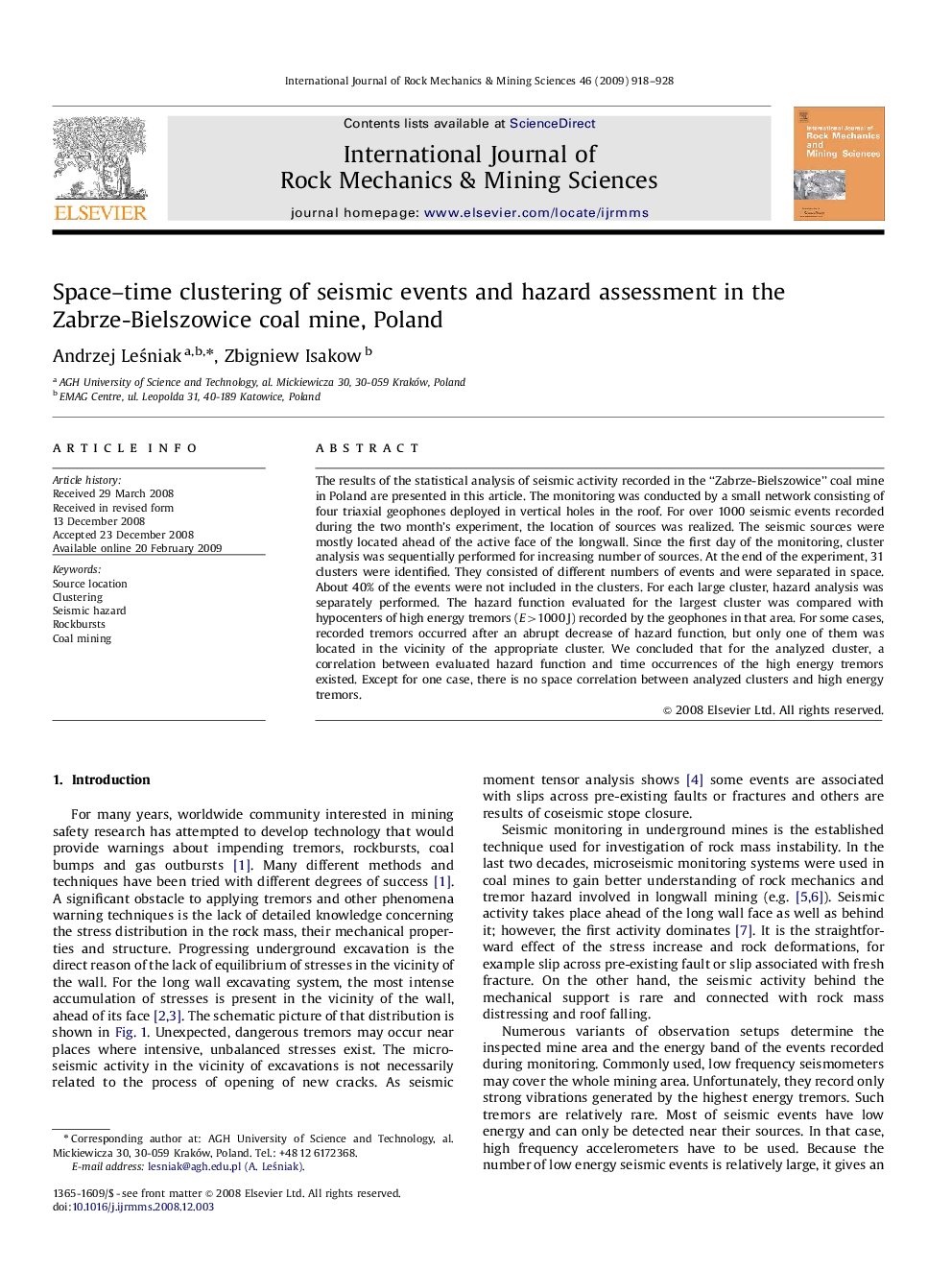 Space–time clustering of seismic events and hazard assessment in the Zabrze-Bielszowice coal mine, Poland