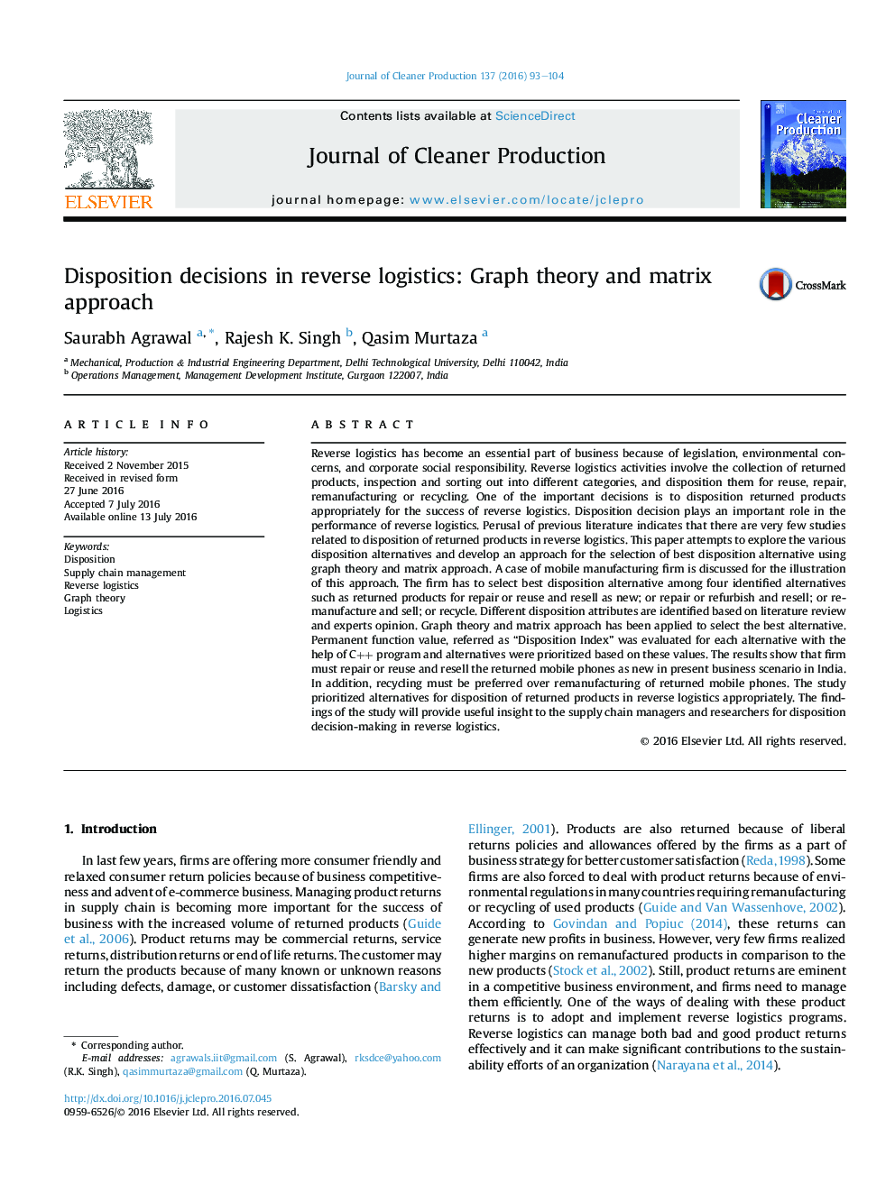 Disposition decisions in reverse logistics: Graph theory and matrix approach