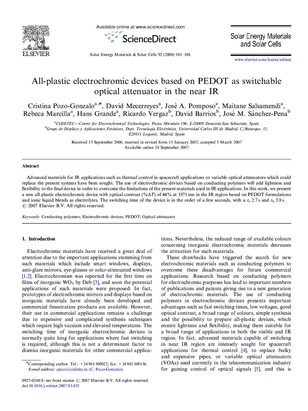 All-plastic electrochromic devices based on PEDOT as switchable optical attenuator in the near IR