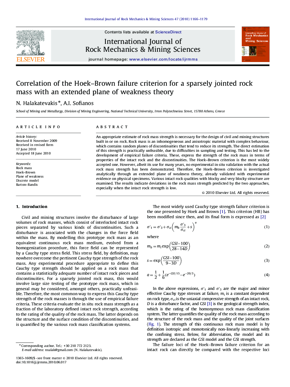 Correlation of the Hoek–Brown failure criterion for a sparsely jointed rock mass with an extended plane of weakness theory