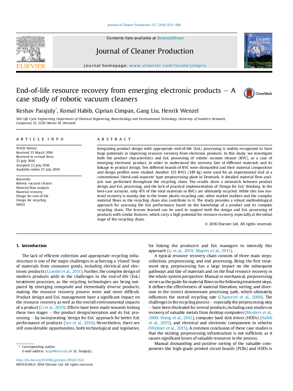 End-of-life resource recovery from emerging electronic products - A case study of robotic vacuum cleaners