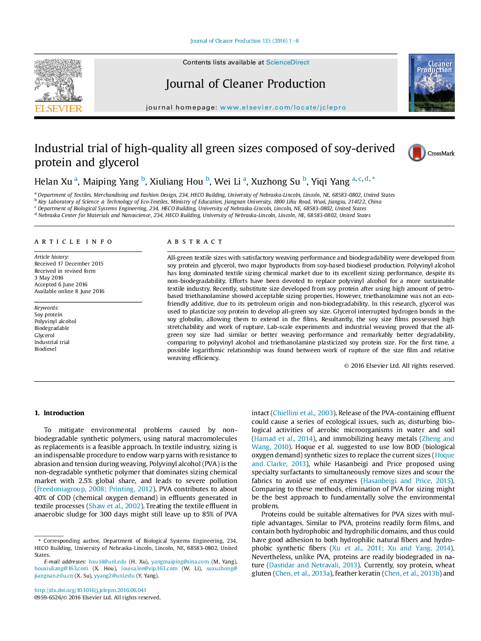 Industrial trial of high-quality all green sizes composed of soy-derived protein and glycerol