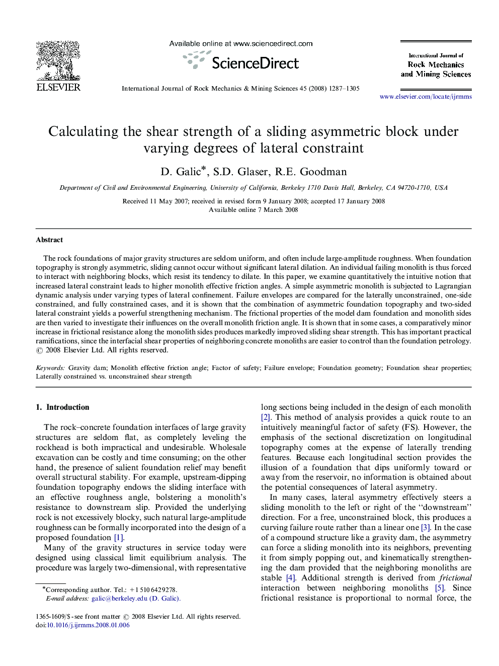 Calculating the shear strength of a sliding asymmetric block under varying degrees of lateral constraint