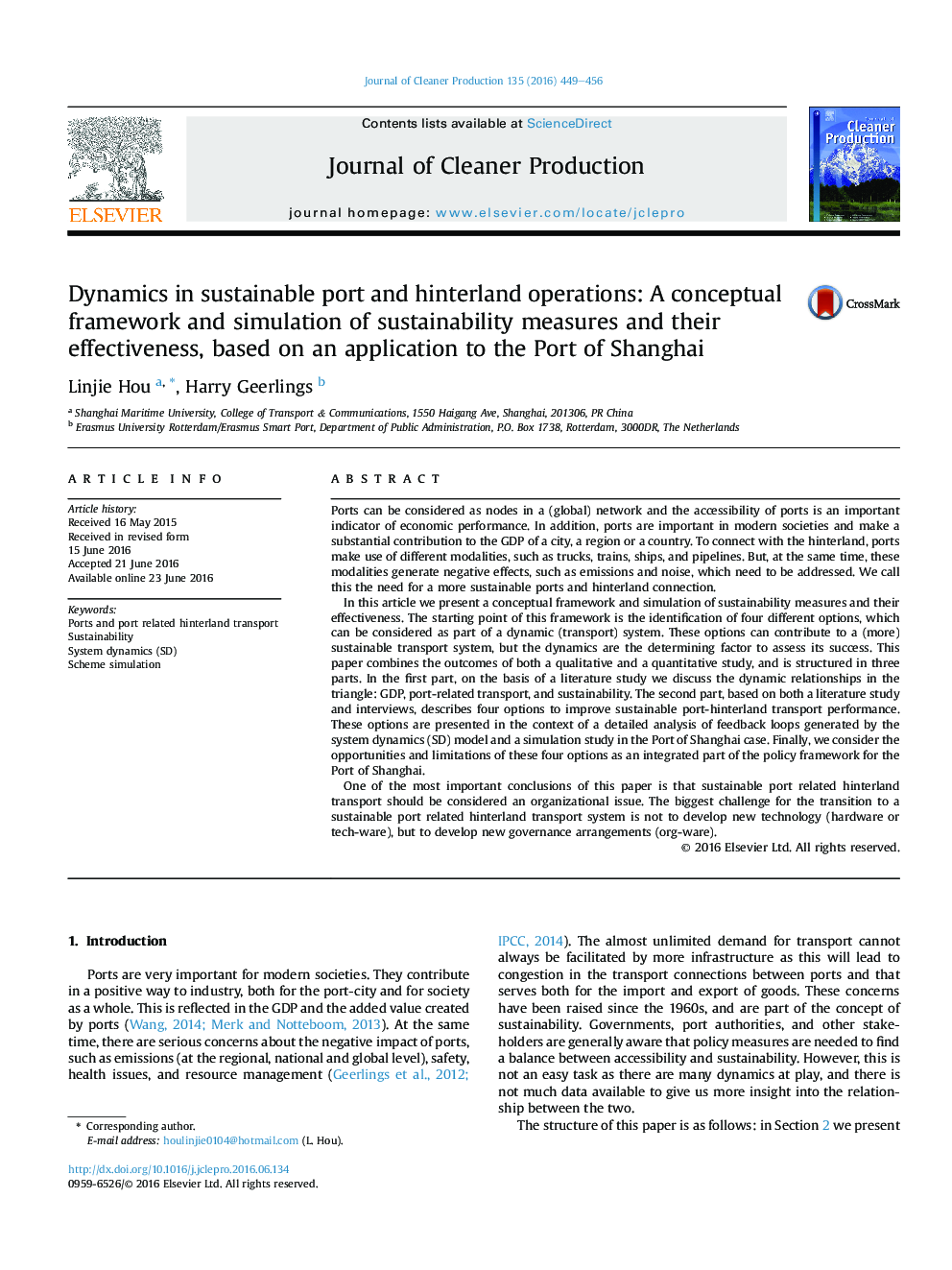 Dynamics in sustainable port and hinterland operations: A conceptual framework and simulation of sustainability measures and their effectiveness, based on an application to the Port of Shanghai