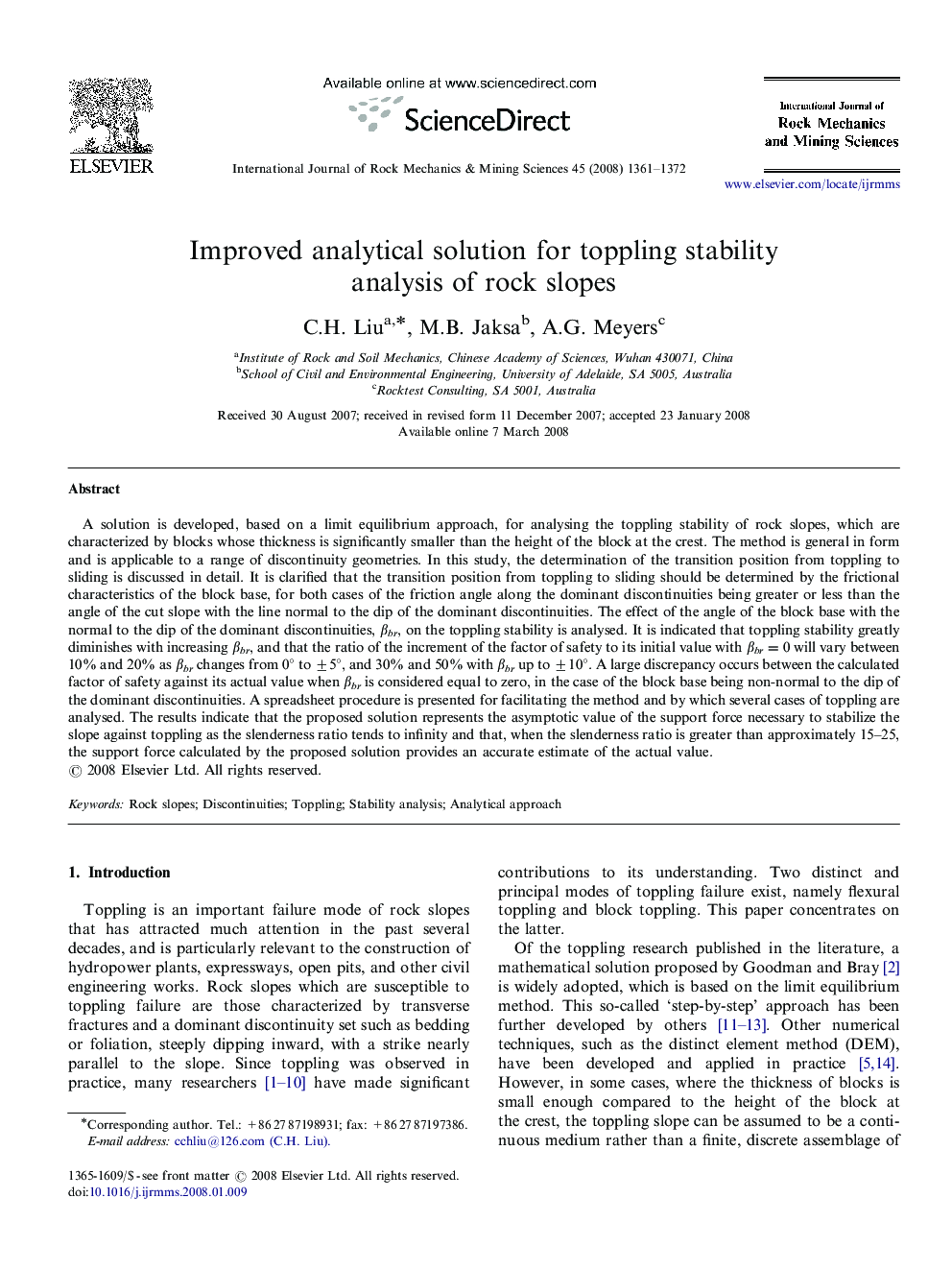 Improved analytical solution for toppling stability analysis of rock slopes