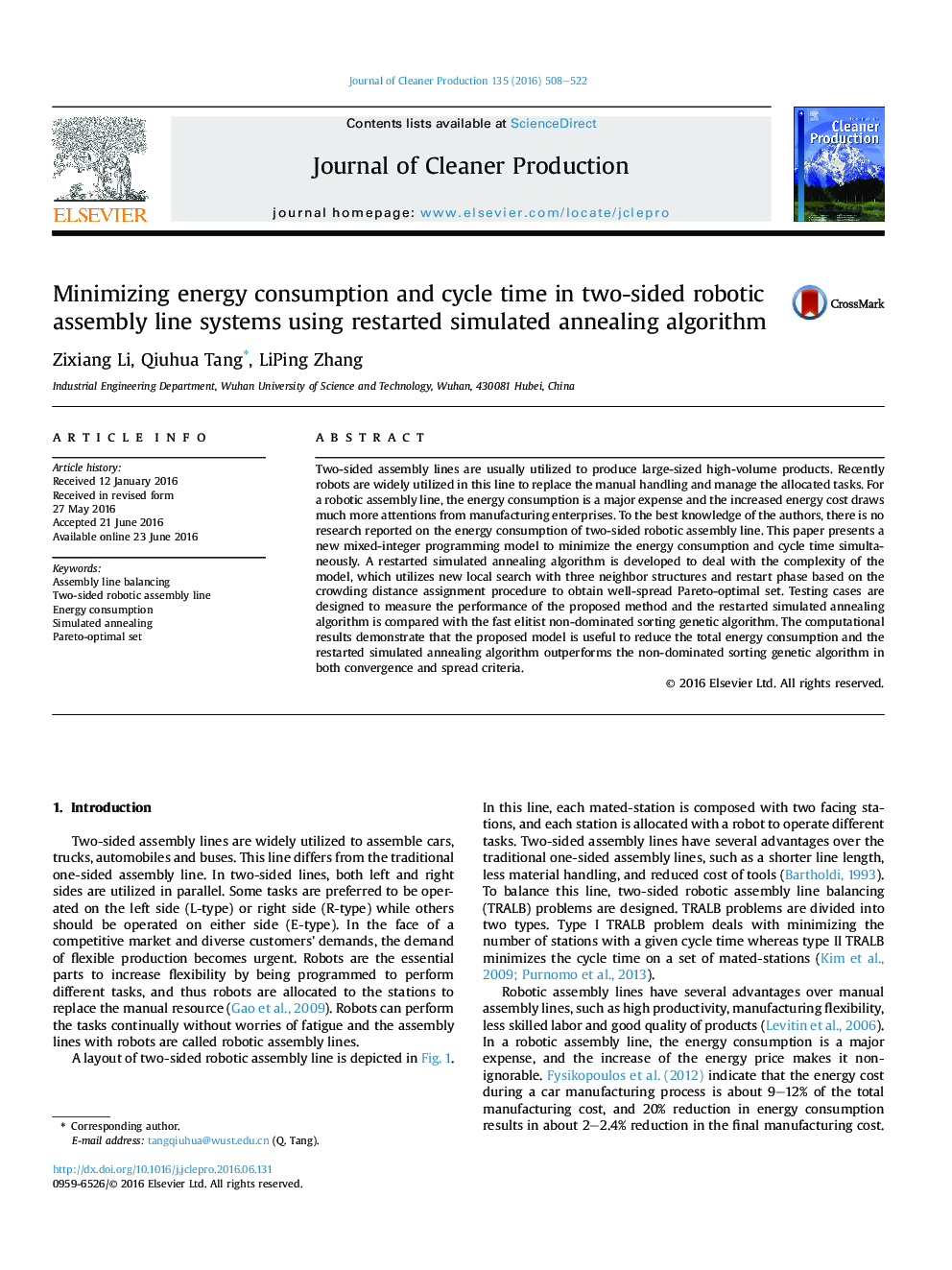 Minimizing energy consumption and cycle time in two-sided robotic assembly line systems using restarted simulated annealing algorithm