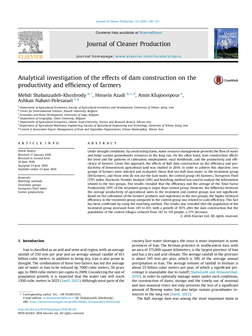 Analytical investigation of the effects of dam construction on the productivity and efficiency of farmers