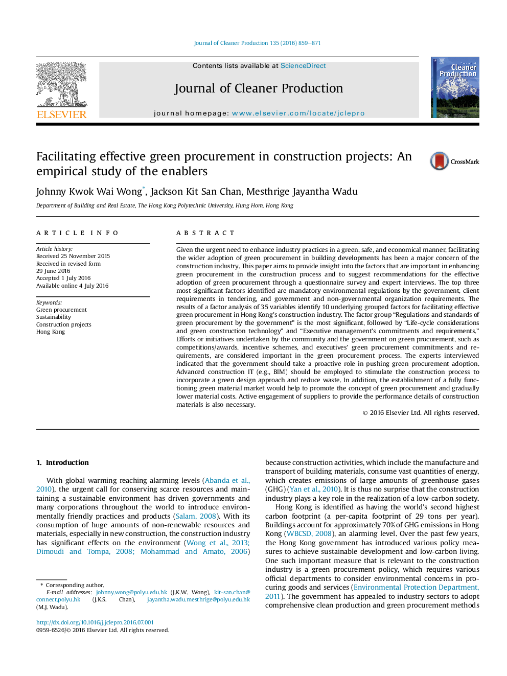 Facilitating effective green procurement in construction projects: An empirical study of the enablers