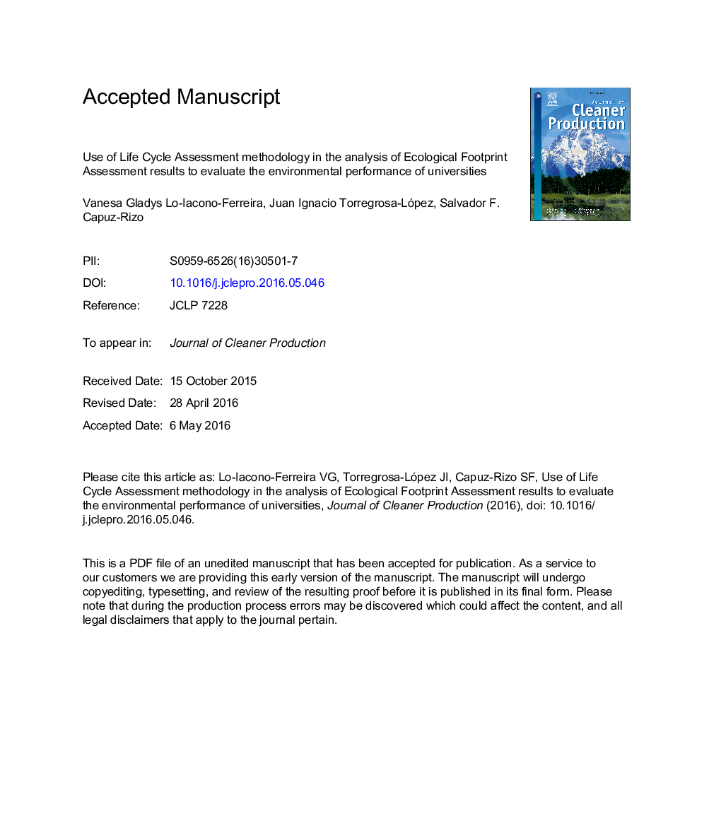 Use of Life Cycle Assessment methodology in the analysis of Ecological Footprint Assessment results to evaluate the environmental performance of universities