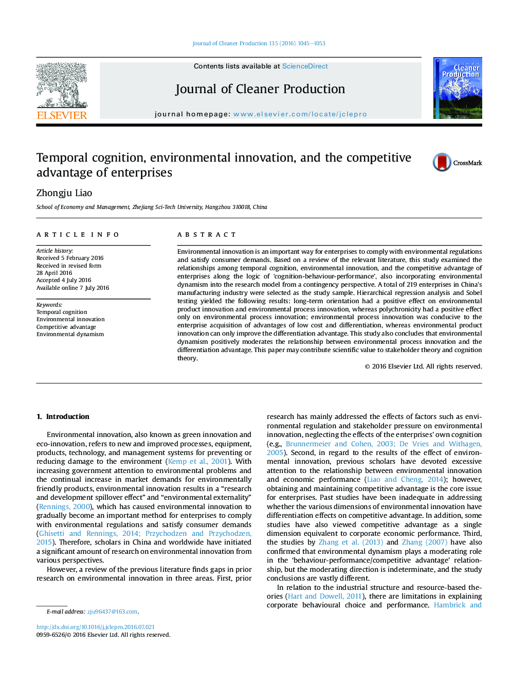 Temporal cognition, environmental innovation, and the competitive advantage of enterprises