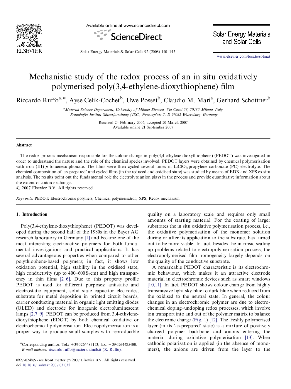 Mechanistic study of the redox process of an in situ oxidatively polymerised poly(3,4-ethylene-dioxythiophene) film