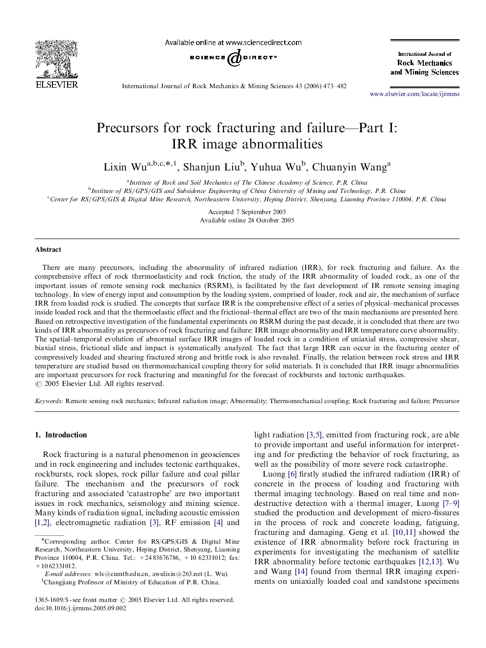 Precursors for rock fracturing and failure—Part I: IRR image abnormalities