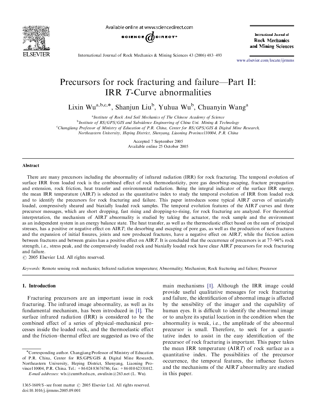 Precursors for rock fracturing and failure—Part II: IRR T-Curve abnormalities