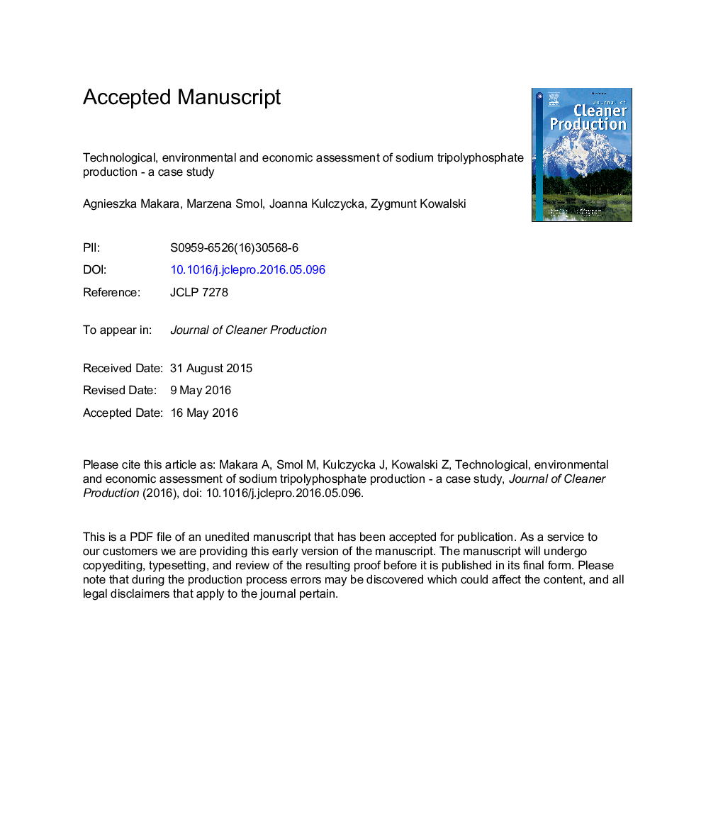 Technological, environmental and economic assessment of sodium tripolyphosphate production - a case study