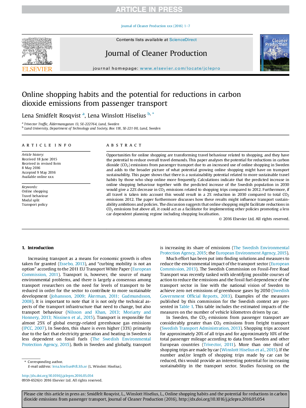 Online shopping habits and the potential for reductions in carbon dioxide emissions from passenger transport