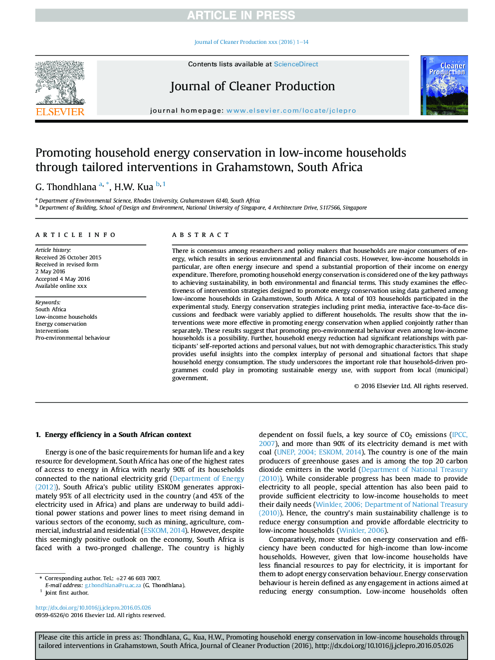 Promoting household energy conservation in low-income households through tailored interventions in Grahamstown, South Africa