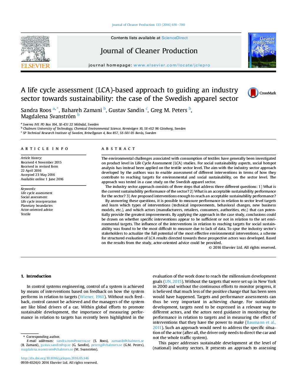 A life cycle assessment (LCA)-based approach to guiding an industry sector towards sustainability: the case of the Swedish apparel sector