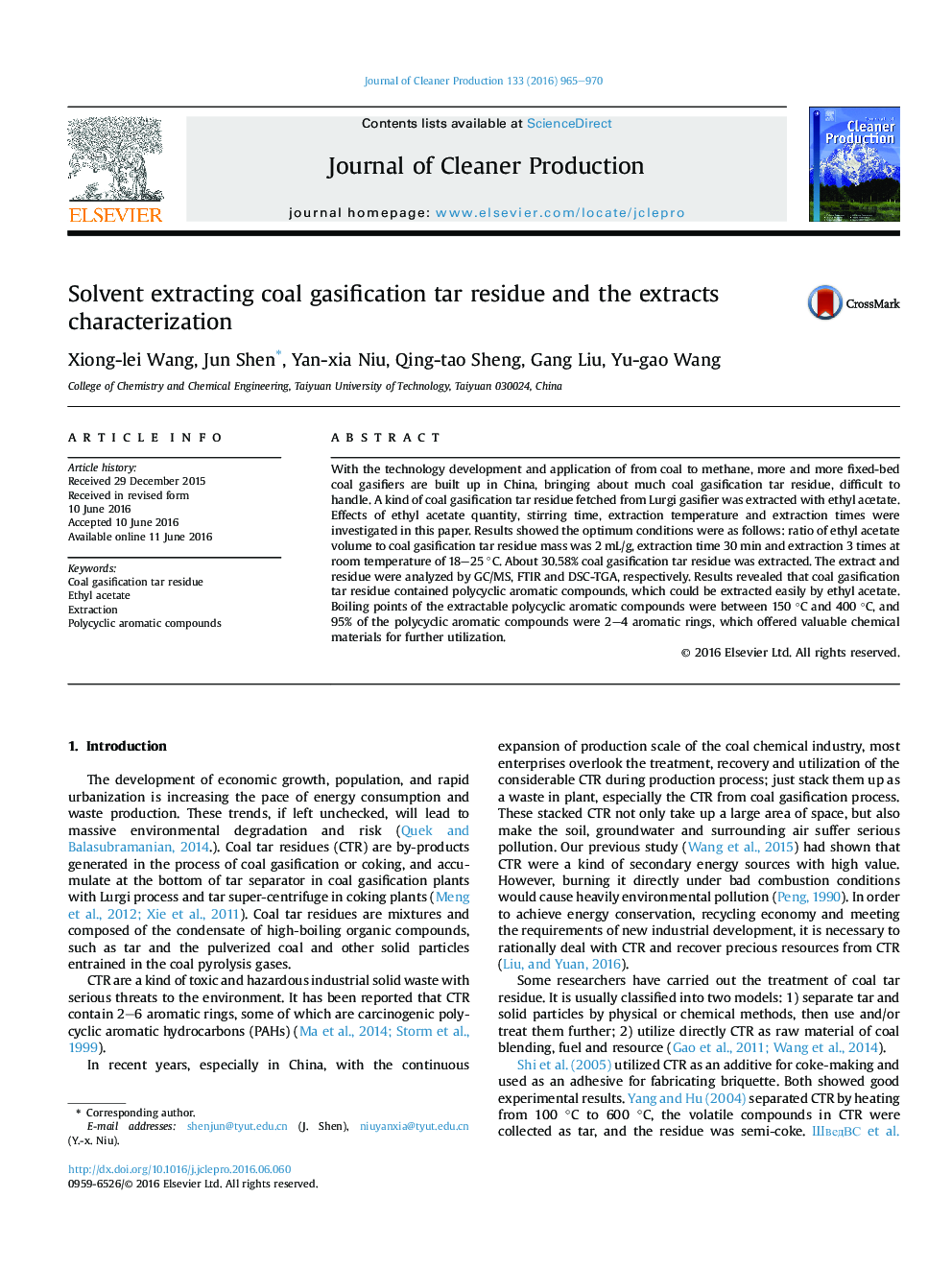 Solvent extracting coal gasification tar residue and the extracts characterization