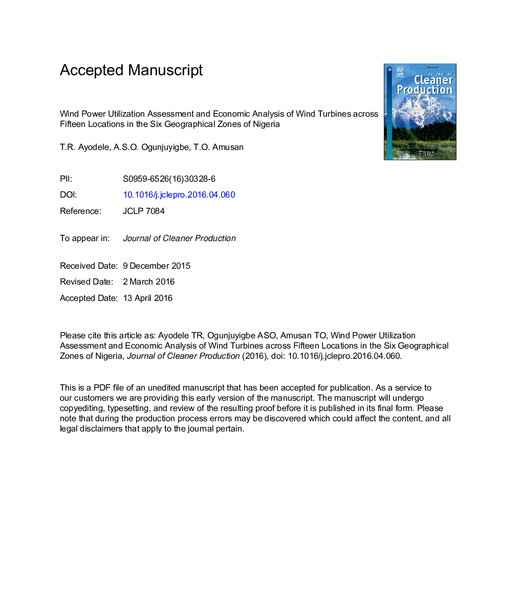 Wind power utilization assessment and economic analysis of wind turbines across fifteen locations in the six geographical zones of Nigeria