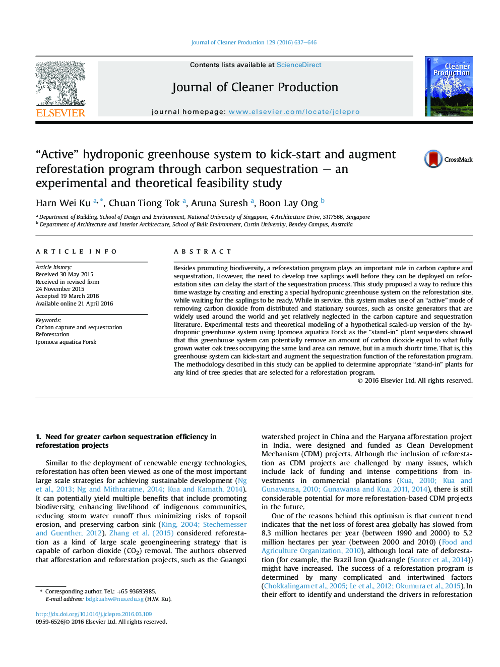 “Active” hydroponic greenhouse system to kick-start and augment reforestation program through carbon sequestration - an experimental and theoretical feasibility study