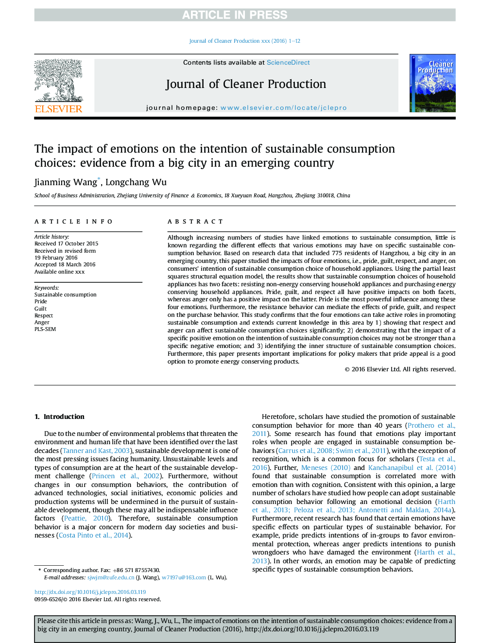 The impact of emotions on the intention of sustainable consumption choices: evidence from a big city in an emerging country