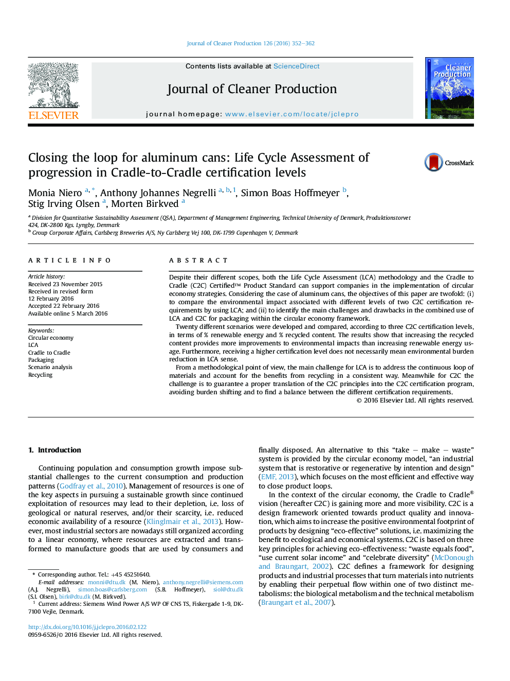 Closing the loop for aluminum cans: Life Cycle Assessment of progression in Cradle-to-Cradle certification levels