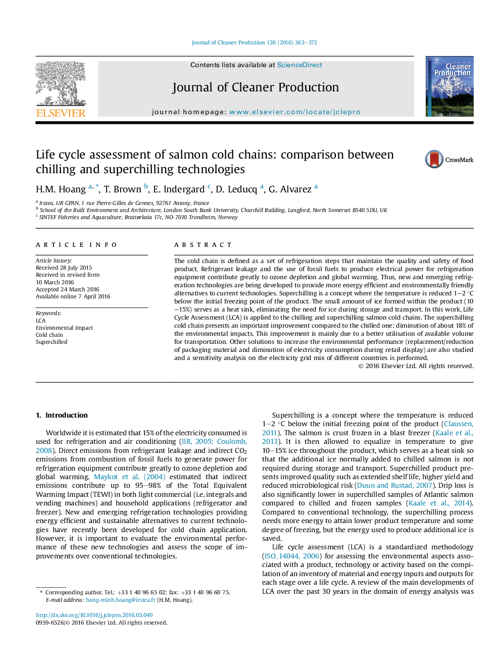 Life cycle assessment of salmon cold chains: comparison between chilling and superchilling technologies