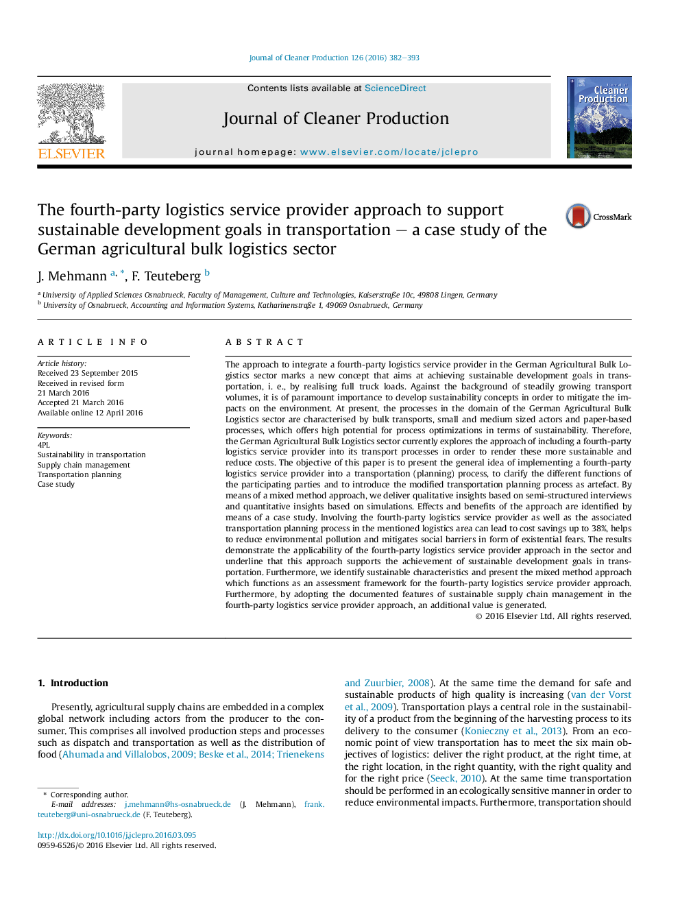 The fourth-party logistics service provider approach to support sustainable development goals in transportation - a case study of the German agricultural bulk logistics sector