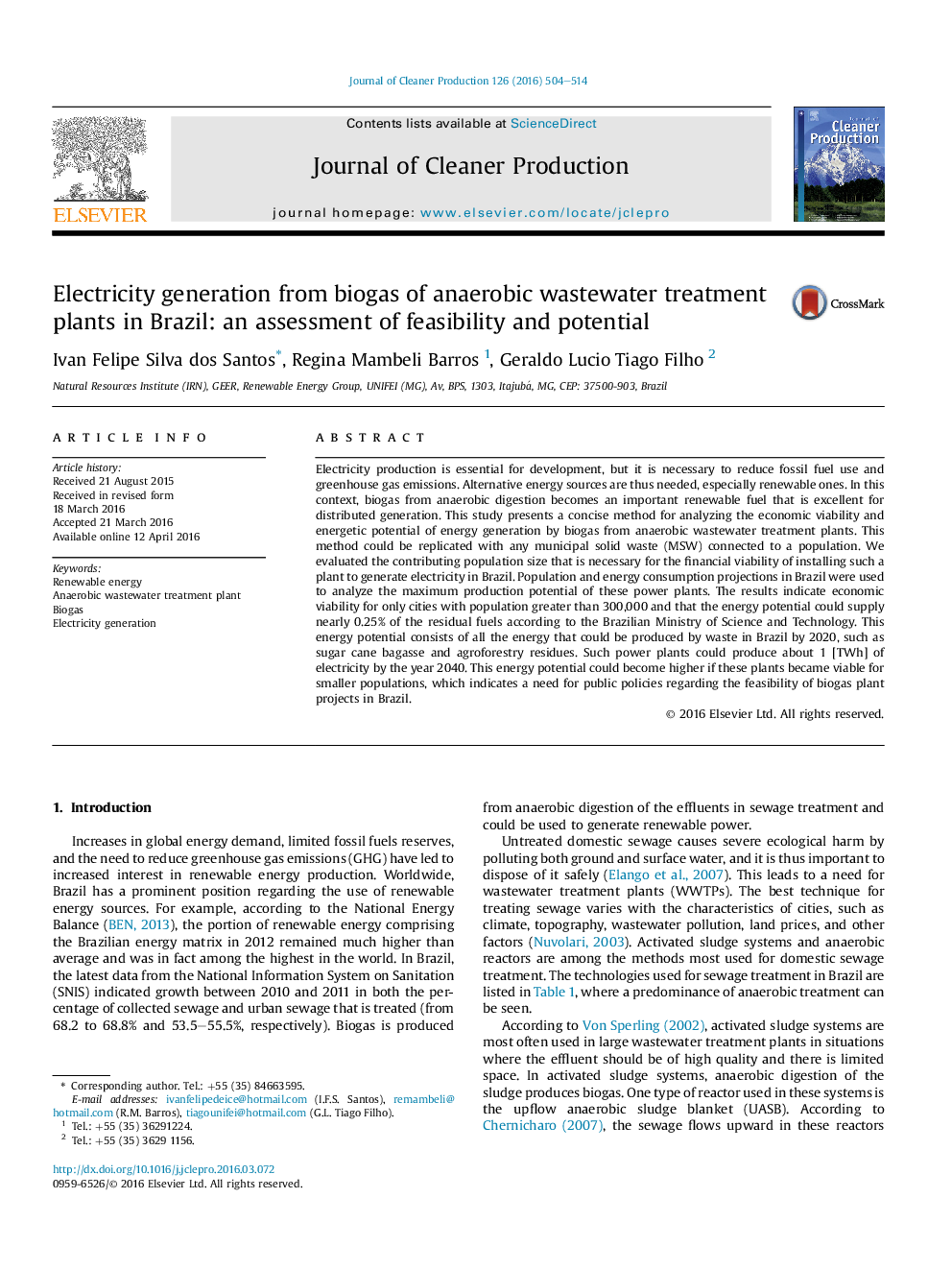 Electricity generation from biogas of anaerobic wastewater treatment plants in Brazil: an assessment of feasibility and potential