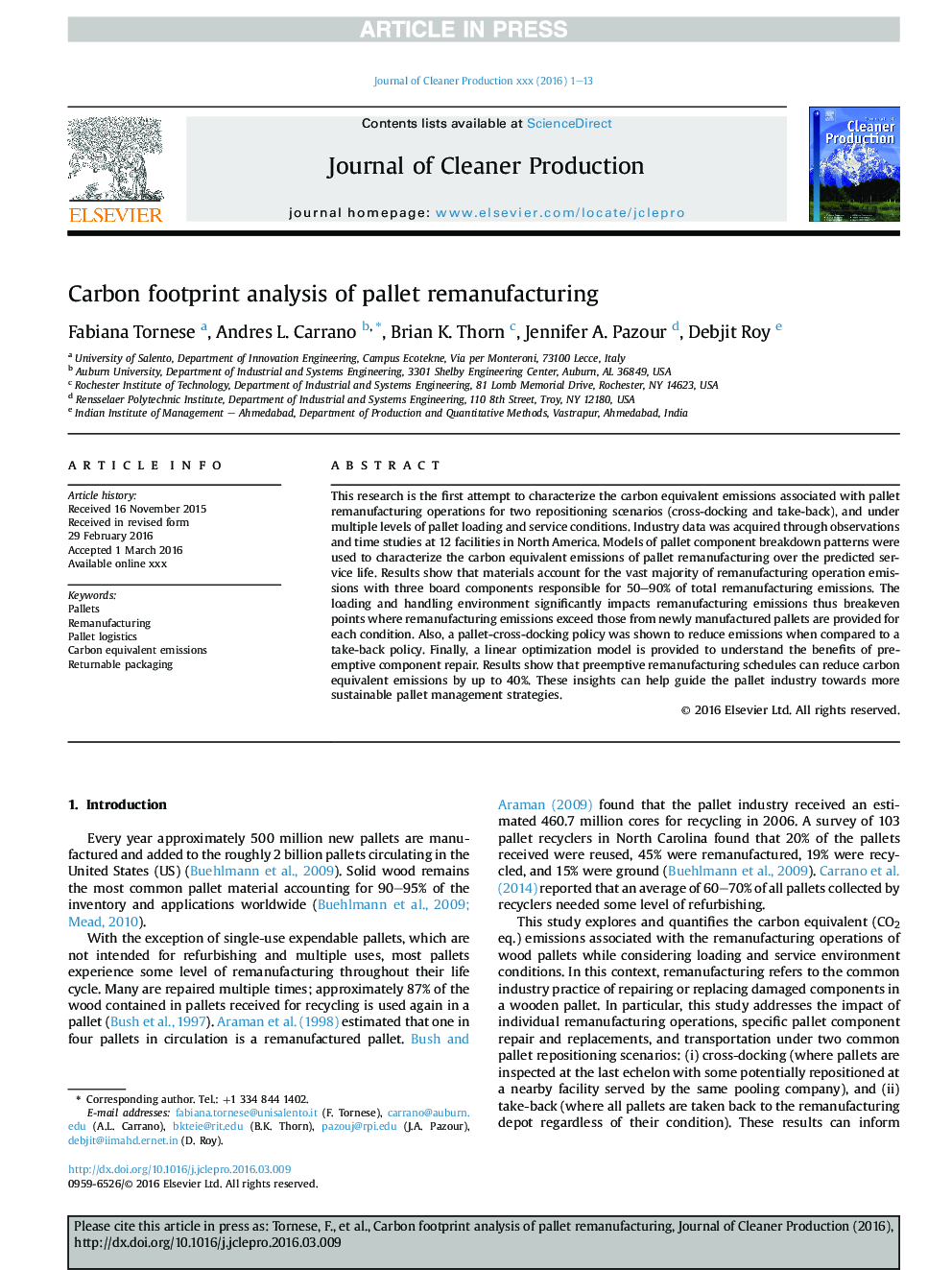 Carbon footprint analysis of pallet remanufacturing