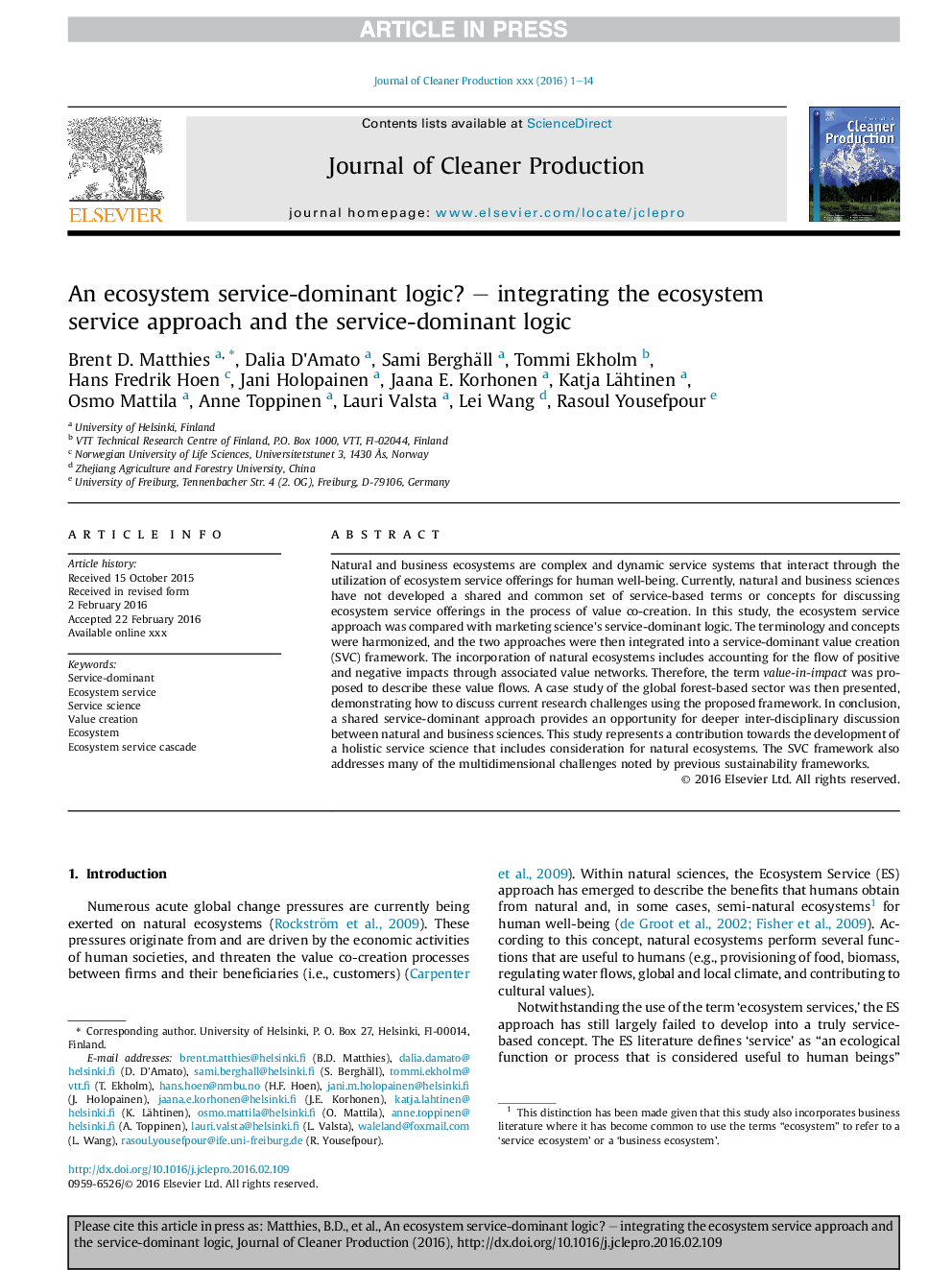 An ecosystem service-dominant logic? - integrating the ecosystem service approach and the service-dominant logic