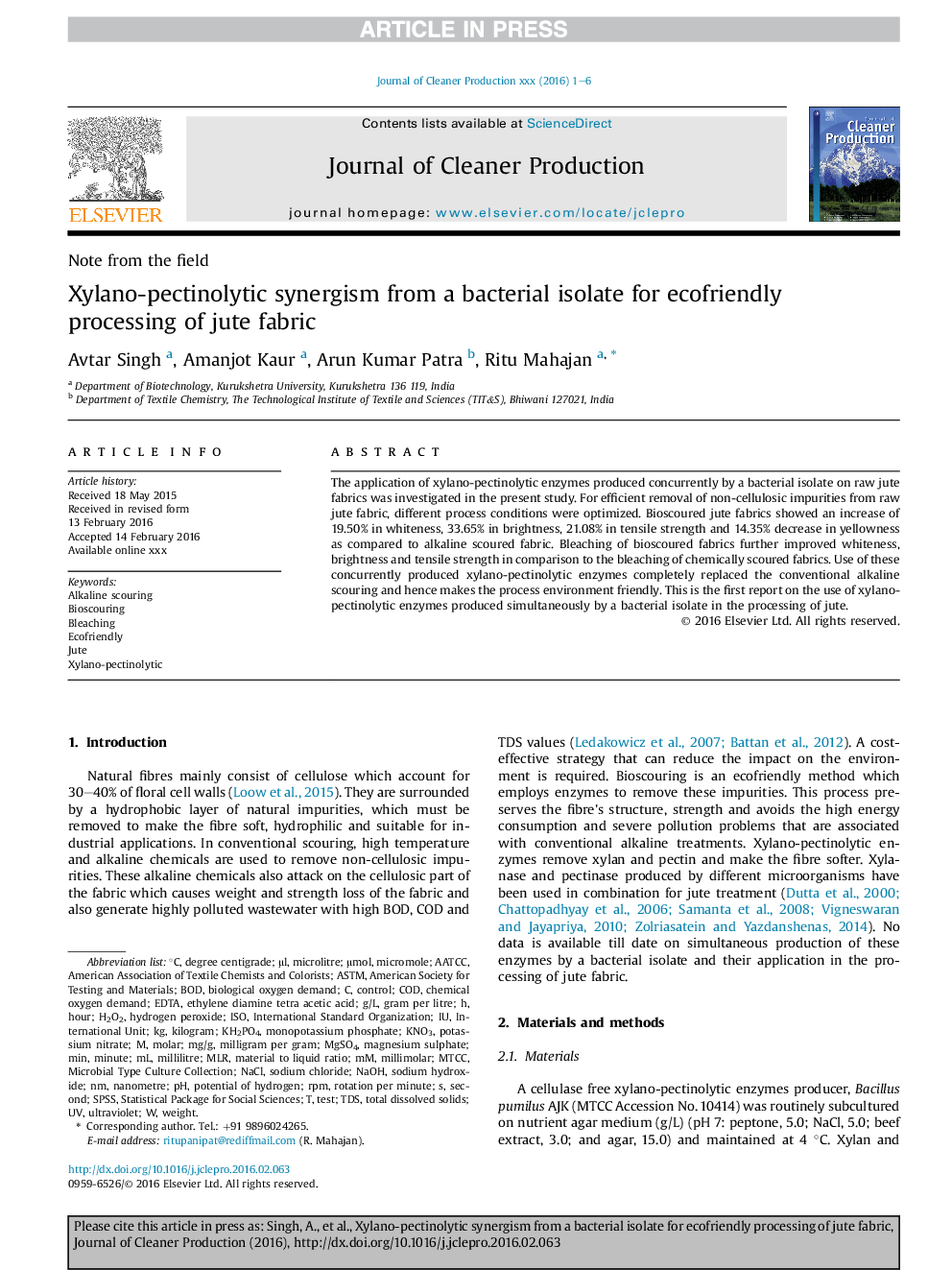 Xylano-pectinolytic synergism from a bacterial isolate for ecofriendly processing of jute fabric