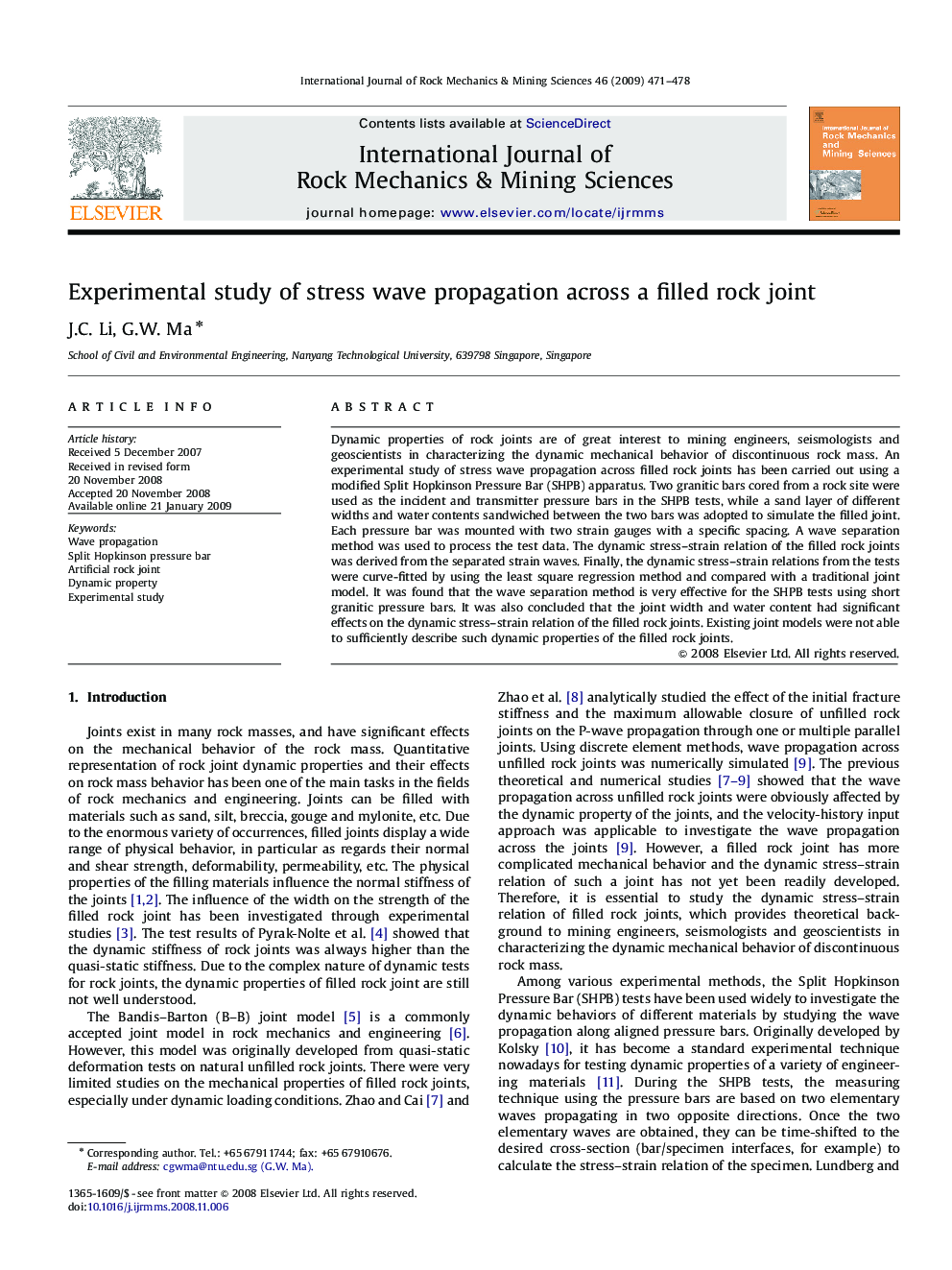 Experimental study of stress wave propagation across a filled rock joint