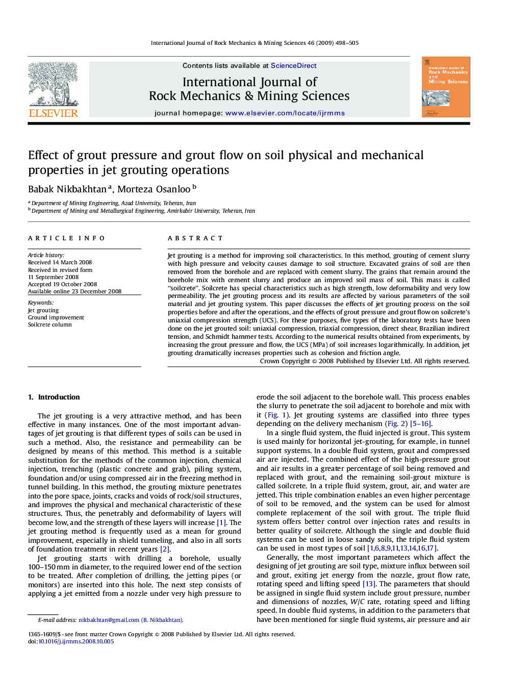 Effect of grout pressure and grout flow on soil physical and mechanical properties in jet grouting operations