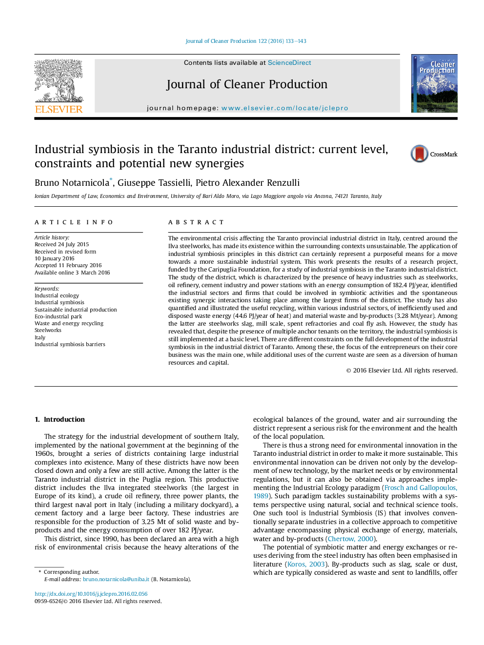 Industrial symbiosis in the Taranto industrial district: current level, constraints and potential new synergies