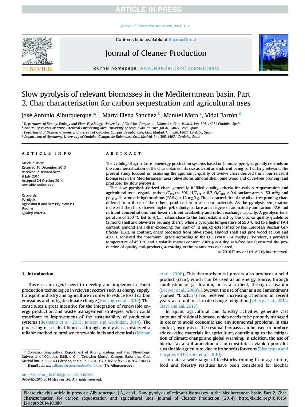 Slow pyrolysis of relevant biomasses in the Mediterranean basin. Part 2. Char characterisation for carbon sequestration and agricultural uses