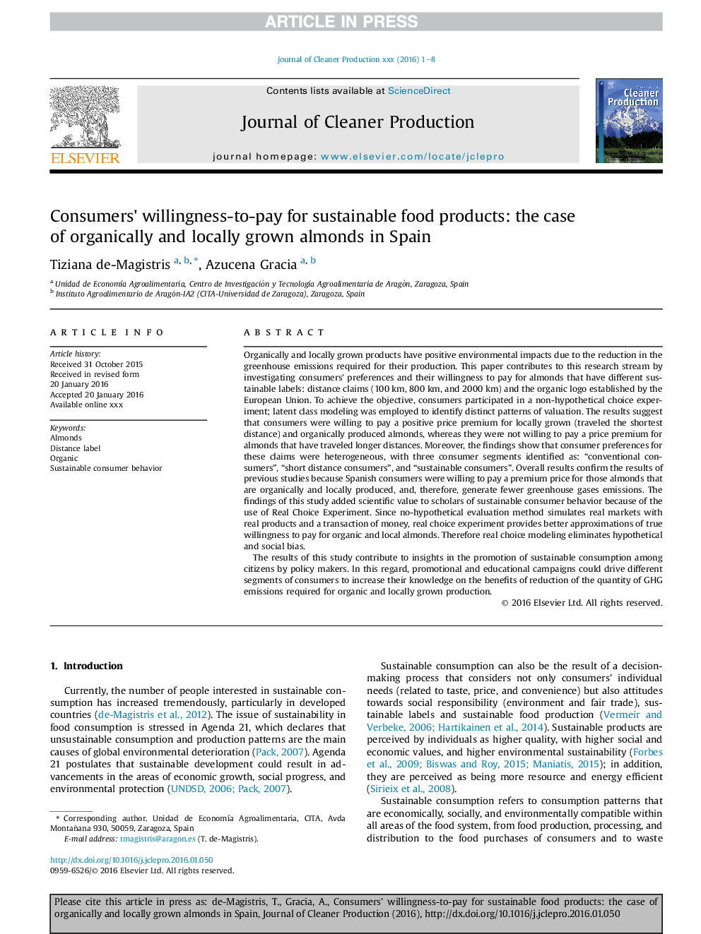 Consumers' willingness-to-pay for sustainable food products: the case of organically and locally grown almonds in Spain