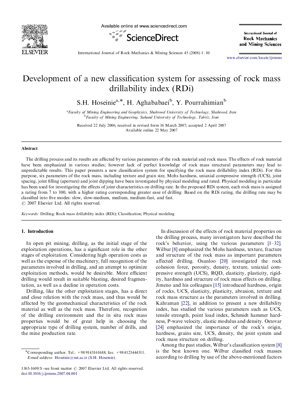 Development of a new classification system for assessing of rock mass drillability index (RDi)