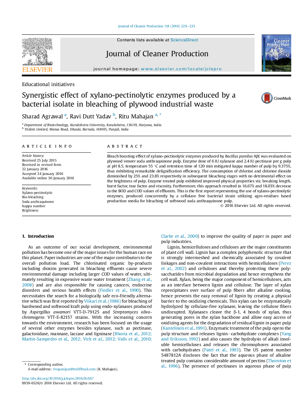 Synergistic effect of xylano-pectinolytic enzymes produced by a bacterial isolate in bleaching of plywood industrial waste