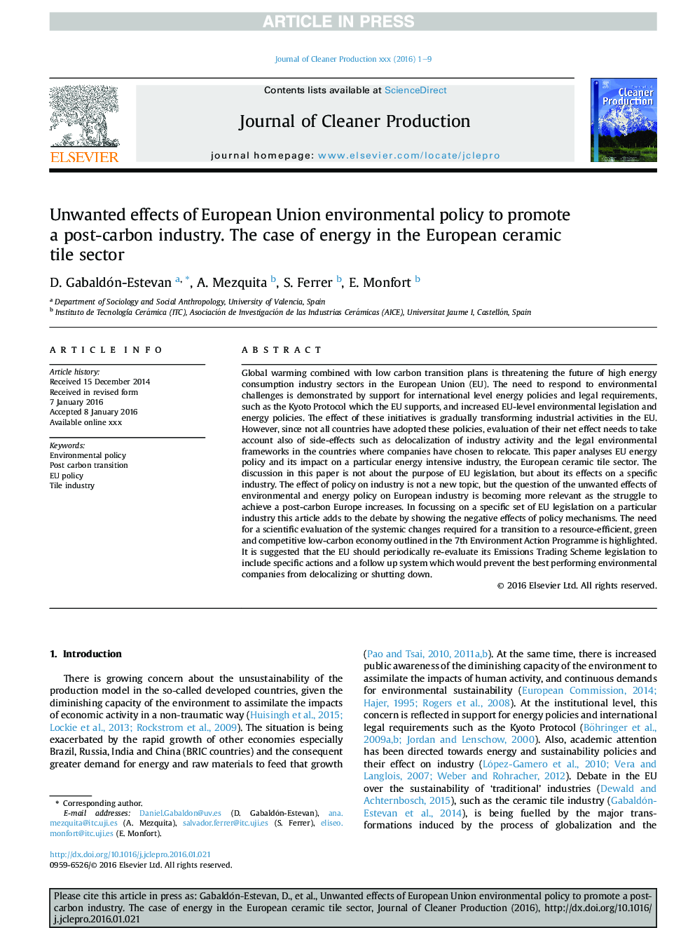 اثرات ناخواسته سیاست زیست محیطی اتحادیه اروپا برای ترویج صنعت پس از کربن. مورد انرژی در بخش اروپایی کاشی سرامیک 
