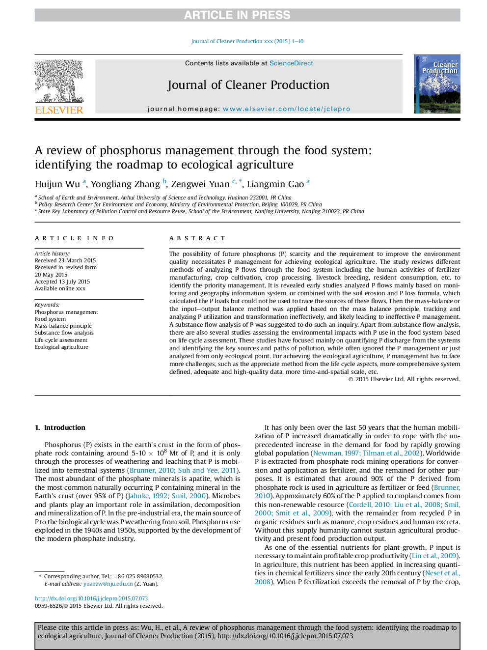 A review of phosphorus management through the food system: identifying the roadmap to ecological agriculture