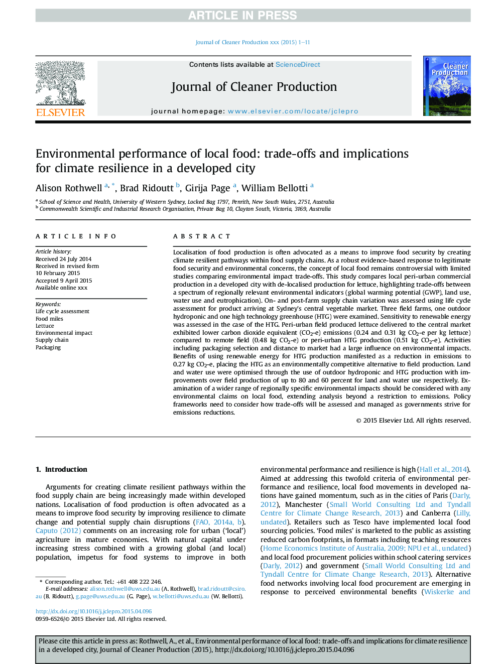 Environmental performance of local food: trade-offs and implications for climate resilience in a developed city