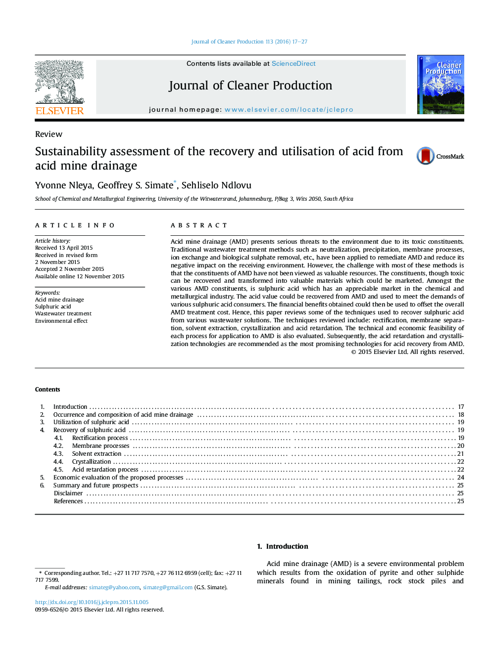 Sustainability assessment of the recovery and utilisation of acid from acid mine drainage